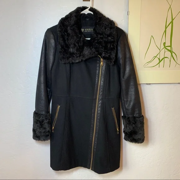 Black faux fur asymmetric moto jacket style wool winter coat overcoat - Picture 2 of 11